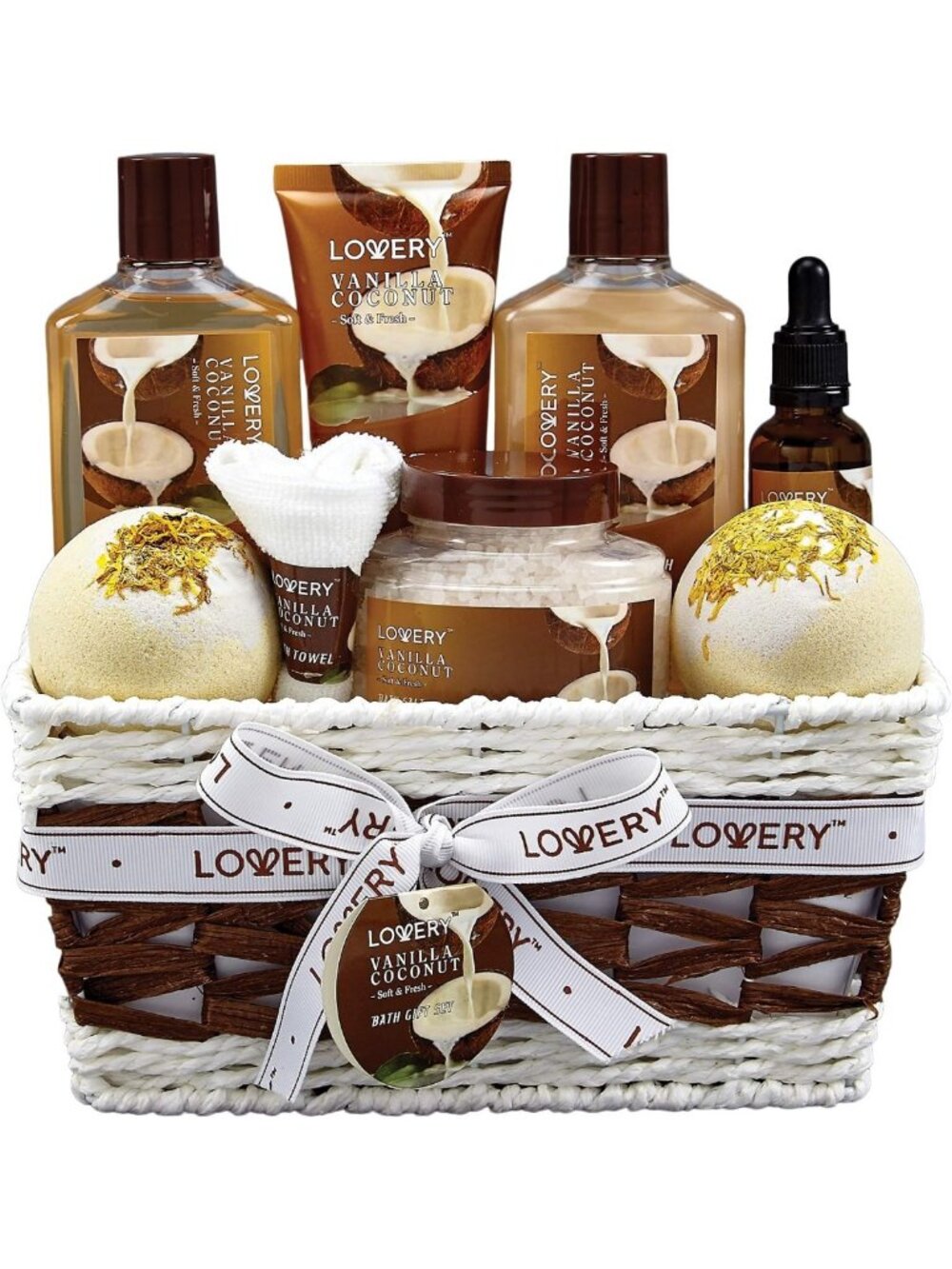 Indulgent Home Spa Gift Basket for Women - 9 Piece Vanilla Coconut Set, Bath
